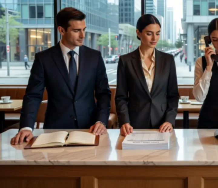 APARTAMENT SZRENICA events team standing behind a service counter, ready to assist guests