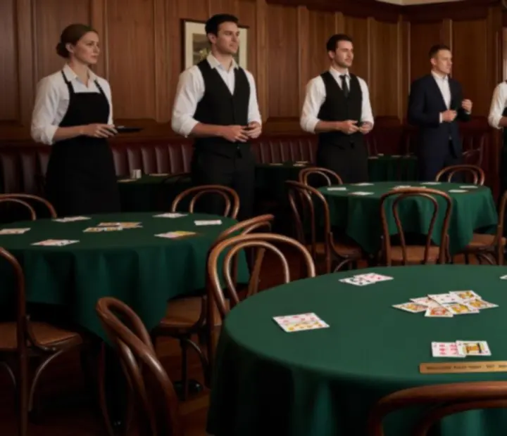 APARTAMENT SZRENICA dining room configured for a hosted poker night with neatly set tables