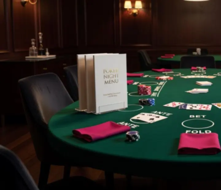 Close-up of a private APARTAMENT SZRENICA event table with menus and neatly stacked recreational chips